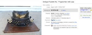 4. Top Type Writer Sold for $916. on eBay