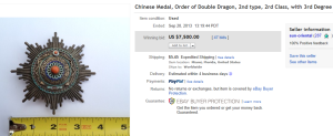 5 Top Medal Sold for $7,500. on eBay