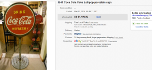 1941 Coca Cola Coke Lollipop Porcelain Sign