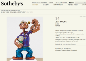 1 Popeye by Jeff Koons Sold for $ 28,165,000.