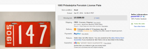 4. Most Expensive License Plate Sold for $999.99. on eBay