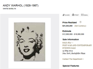 5 White Marilyn  by Andy Warhol Sold for $41,045,000.