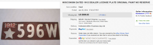 5. Most Expensive License Plate Sold for $909. on eBay