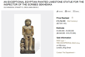 Old Kingdom, Dynasty 5, Egyptian Statue for The Inspector Of The Scribes Sekhemka Sold for $27,001,163.