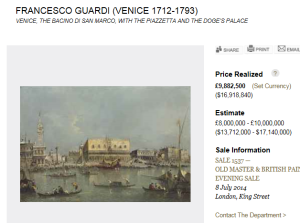 Venice, the Bacino di San Marco, with the Piazzetta and the Doge’s Palace by Francesco Guardi Sold for $16,918,840.