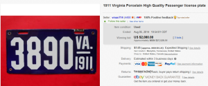 1. Most Expensive License Plate Sold for $2,080. on eBay