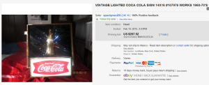 1960's-1970's Lighted Coca Cola Sign Sold for $257.52.