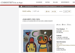 L'Oiseau au plumage déployé vole vers l'arbre argenté  by Joan Miró Sold for $13,869,068
