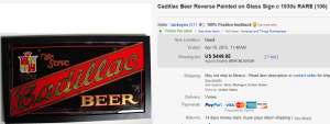 1930's Cadillac Beer Reverse Painted on Glass Sign