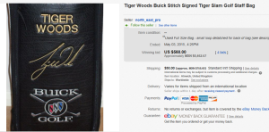 Tiger Woods Buick Stitch Signed Tiger Slam Golf Staff Bag